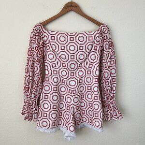 Alexis Romper Womens Small White Red Eyelet Embroidered Off Shoulder Fringe S